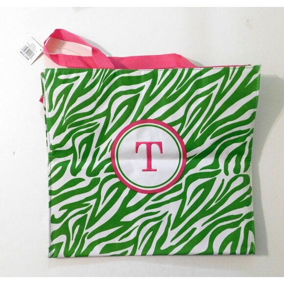 Zebra Print Tote Travel Cosmetic Case Wristlet Set Monogram T Green Pink Canvas - Picture 9 of 11